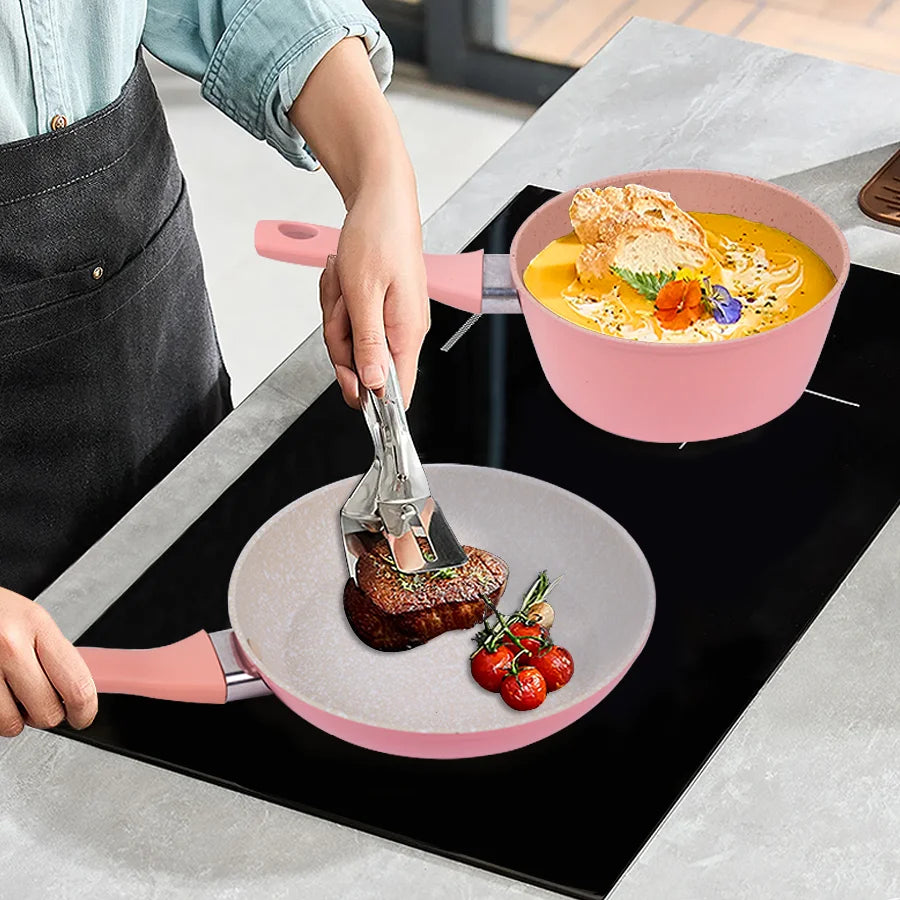 Set de cuisson familial rose – casserole, poêle et faitout avec couvercle