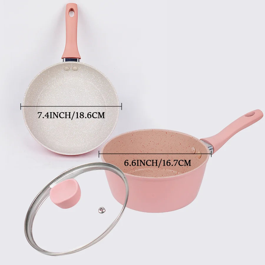 Set de cuisson familial rose – casserole, poêle et faitout avec couvercle