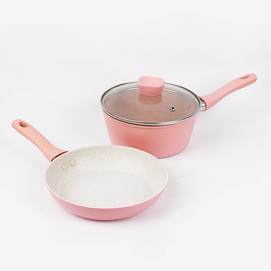 Set de cuisson familial rose – casserole, poêle et faitout avec couvercle