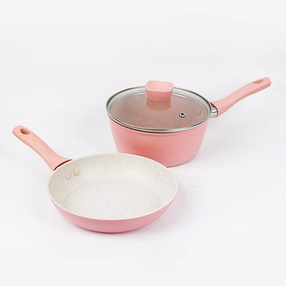 Set de cuisson familial rose – casserole, poêle et faitout avec couvercle