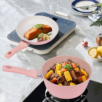 Set de cuisson familial rose – casserole, poêle et faitout avec couvercle